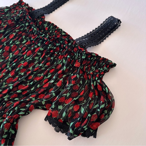 The Kooples Off The Shoulder Rose Print Crinkle Rosa Dress Size 1 Small - Picture 12 of 16